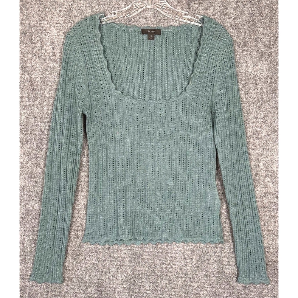 J.Crew Womens Coquette Scalloped Pointelle Merino Wool Sweater Sage Green Small - Picture 2 of 9